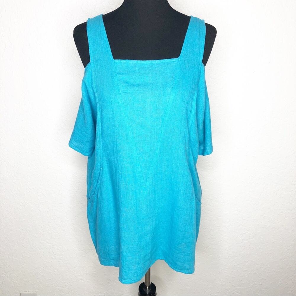 Soft Surroundings turquoise blue cold shoulder linen blend top Petite Medium PM